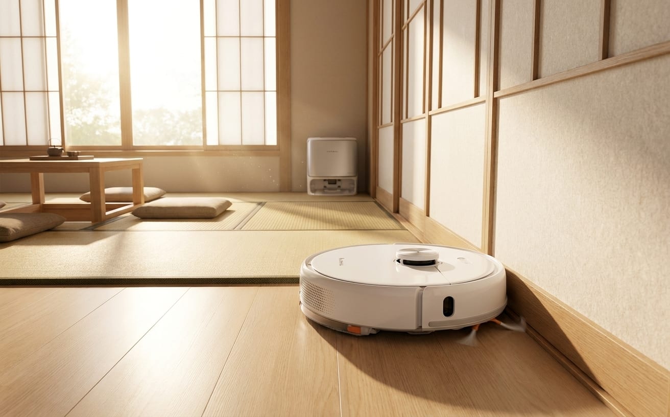 部屋の隅まで完璧に掃除するロボット掃除機が、和室の美しい空間を保っています。