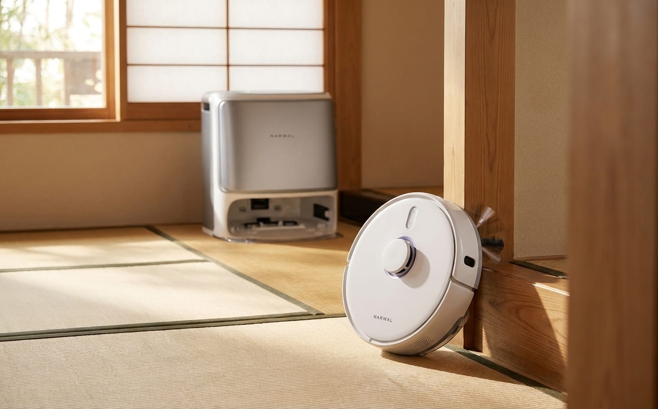 部屋の隅まで完璧に掃除するロボット掃除機が写る、明るく整った和室の一角。