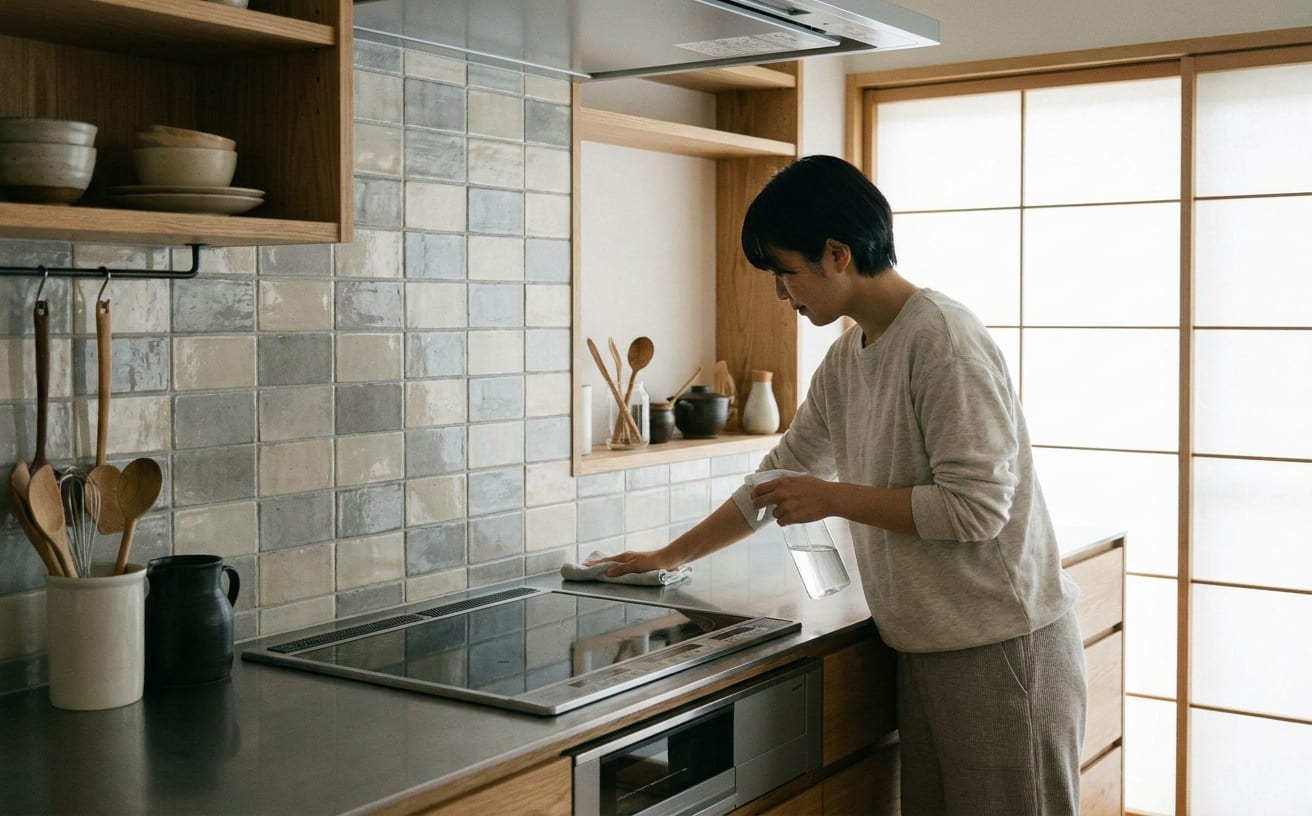 キッチンで掃除をしている女性が、コンロを丁寧に拭いている様子。清潔感あふれる空間。