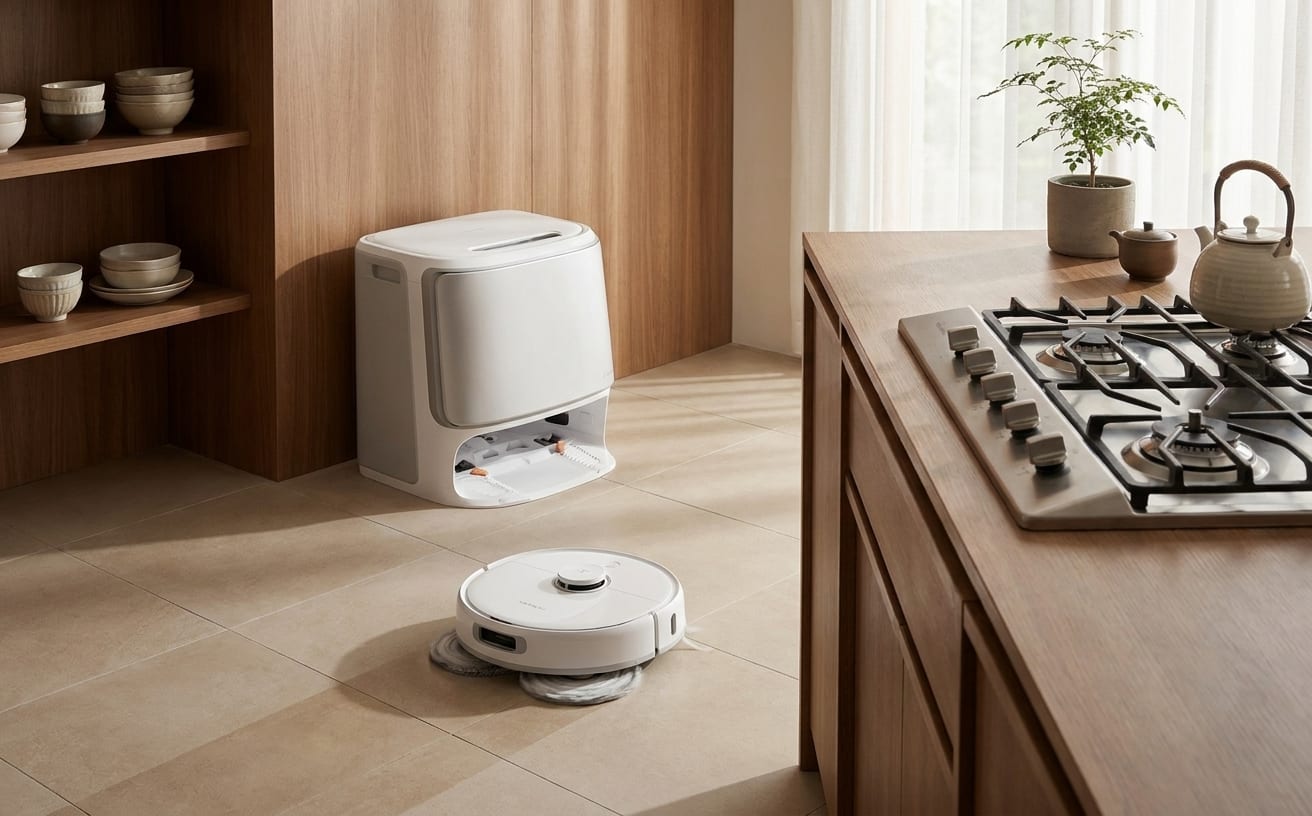 モダンなキッチンで、ロボット掃除機が床を掃除しているシーン。収納棚やガスコンロも見える。