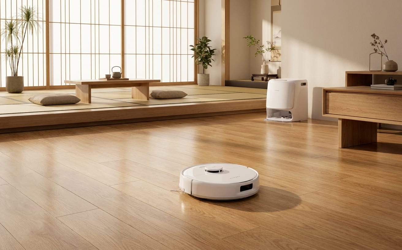 掃除機の臭いが気になる部屋の中、和風のインテリアが美しく整えられています。