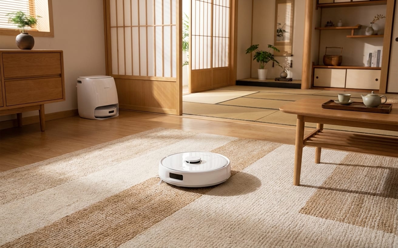 モダンな部屋にあるロボット掃除機の寿命が延びるよう、定期的なメンテナンスが重要です。