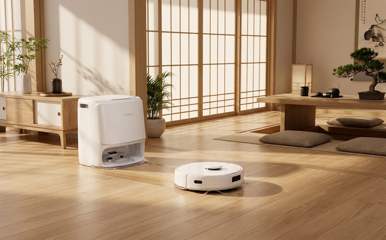 部屋の中にあるロボット掃除機と充電スタンド。ロボット掃除機の捨て方を考えるシーン。