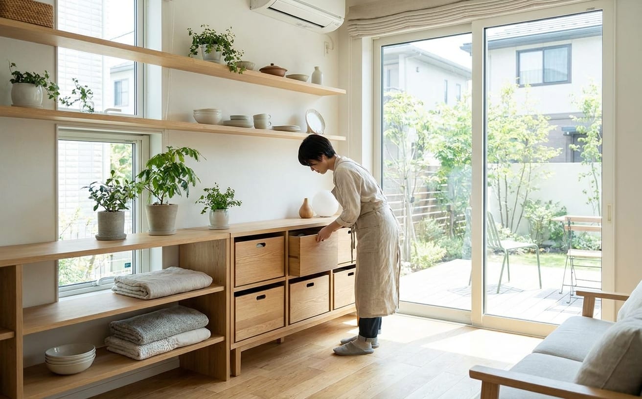 整然とした部屋で、女性が家具の引き出しを整理しています。ロボット掃除機の捨て方を考える瞬間。