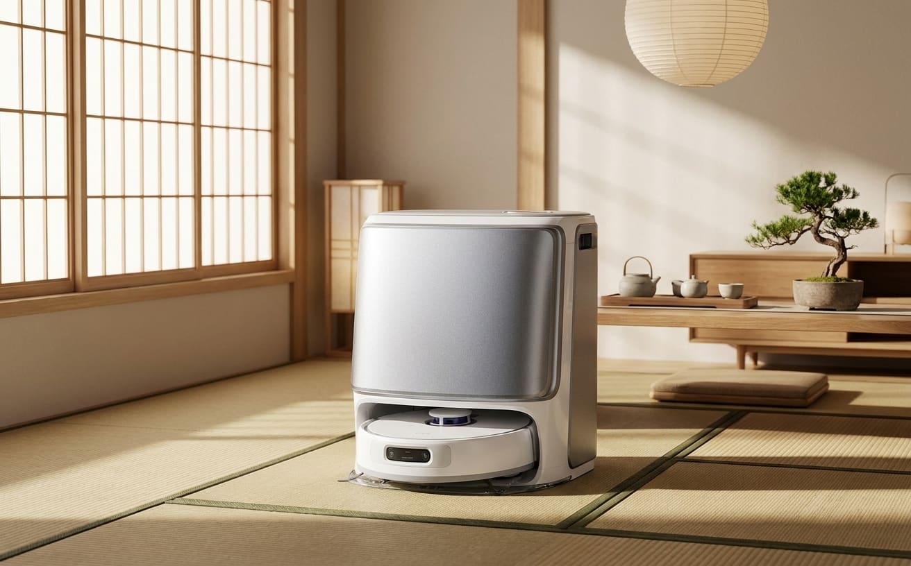 フローリングに置かれたロボット掃除機の捨て方について考える和室の風景。