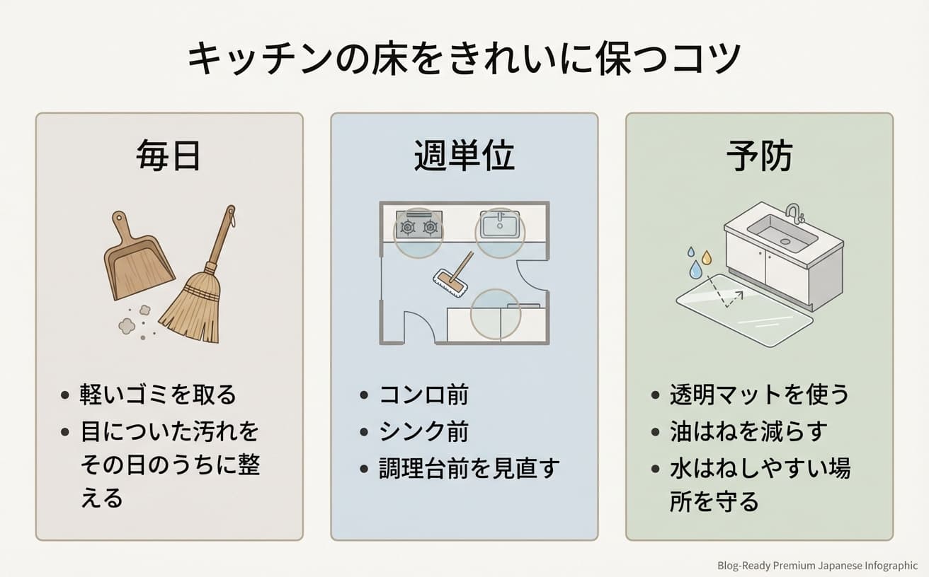 キッチンの床掃除のコツを紹介しています。毎日、週単位、予防のポイントがまとめられています。