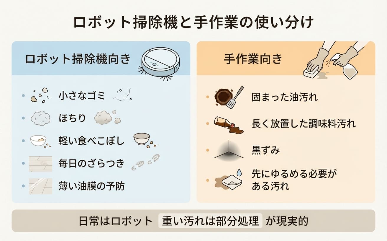 ロボット掃除機と手作業の使い分けを示した図。キッチンの床掃除の効率的な方法を解説。