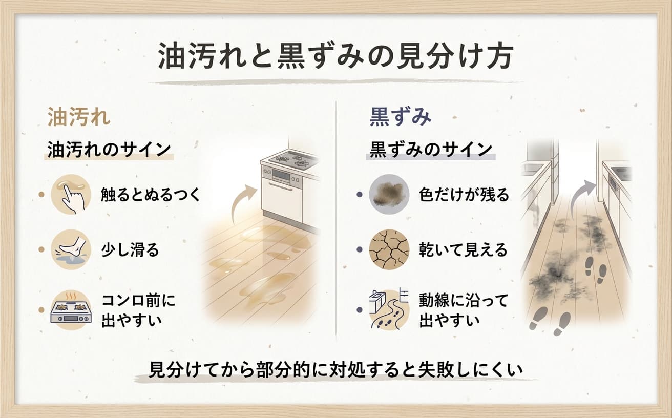 油汚れと黒ずみの見分け方。キッチンの床掃除でのポイントやサインを解説した図解。
