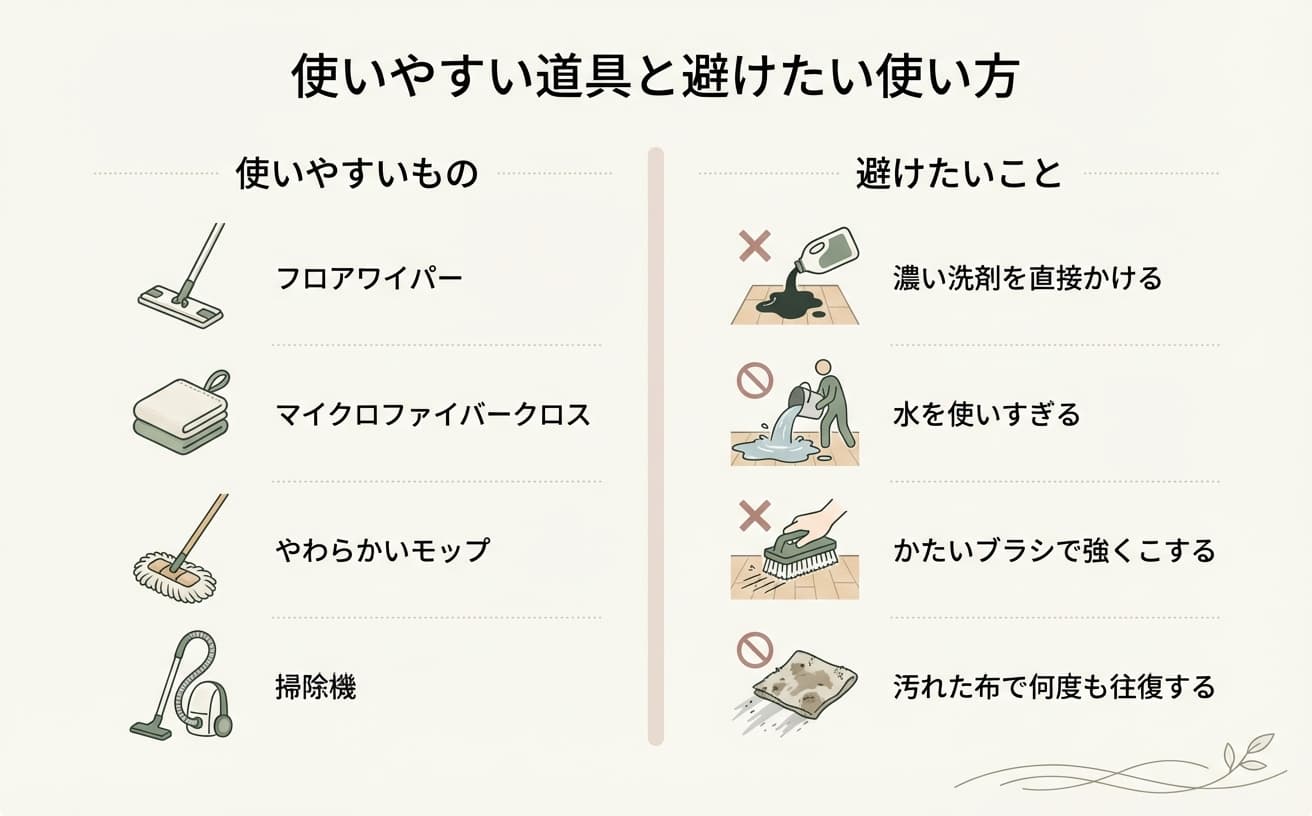 キッチンの床掃除におすすめの道具と避けるべき使い方を示しています。正しい方法で掃除をしましょう。
