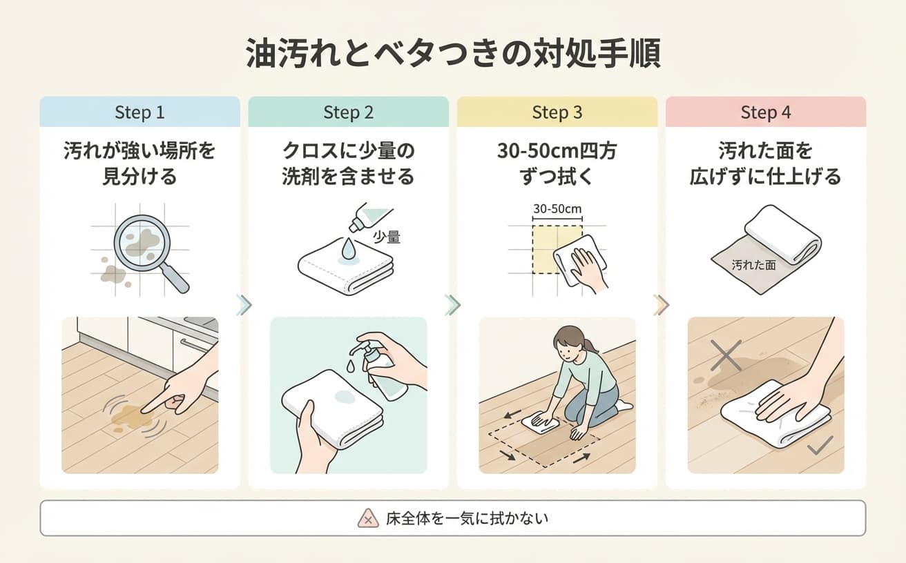 油汚れとベタつきの対処手順の説明。キッチンの床掃除に役立つ4つのステップを紹介。