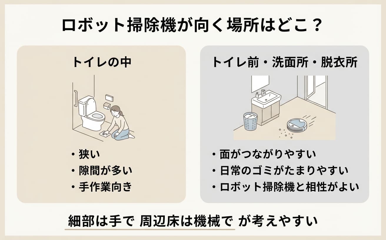 ロボット掃除機の向く場所について、トイレの床掃除や手作業の利点を図示しています。
