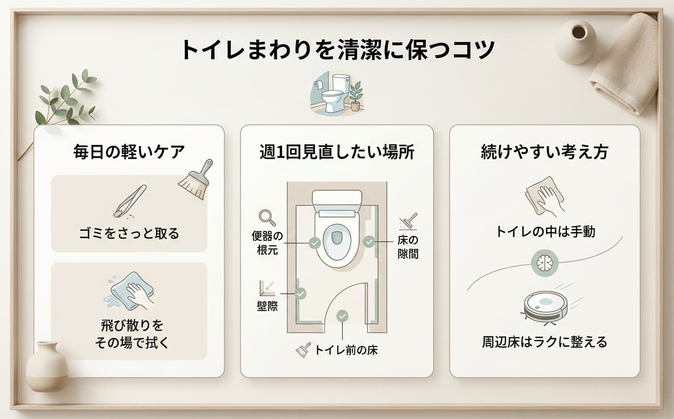 トイレの床掃除に関する日常のケアや清掃ポイントを紹介するインフォグラフィック。