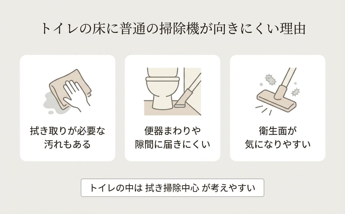 トイレの床掃除が難しい理由を示したイラスト。汚れや衛生面の問題が強調されている。