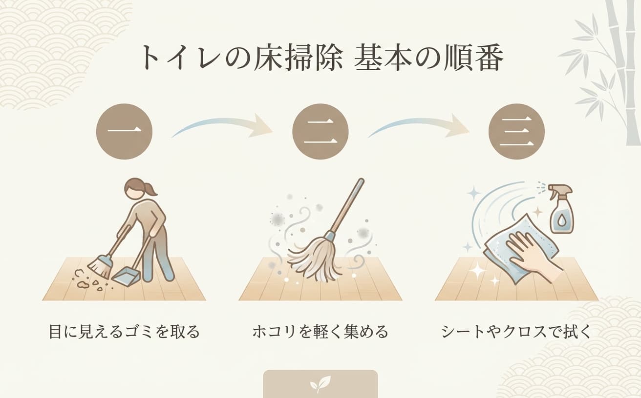トイレの床掃除の手順を示すイラスト。まずゴミを取り、次にホコリを集め、最後に拭き掃除をします。