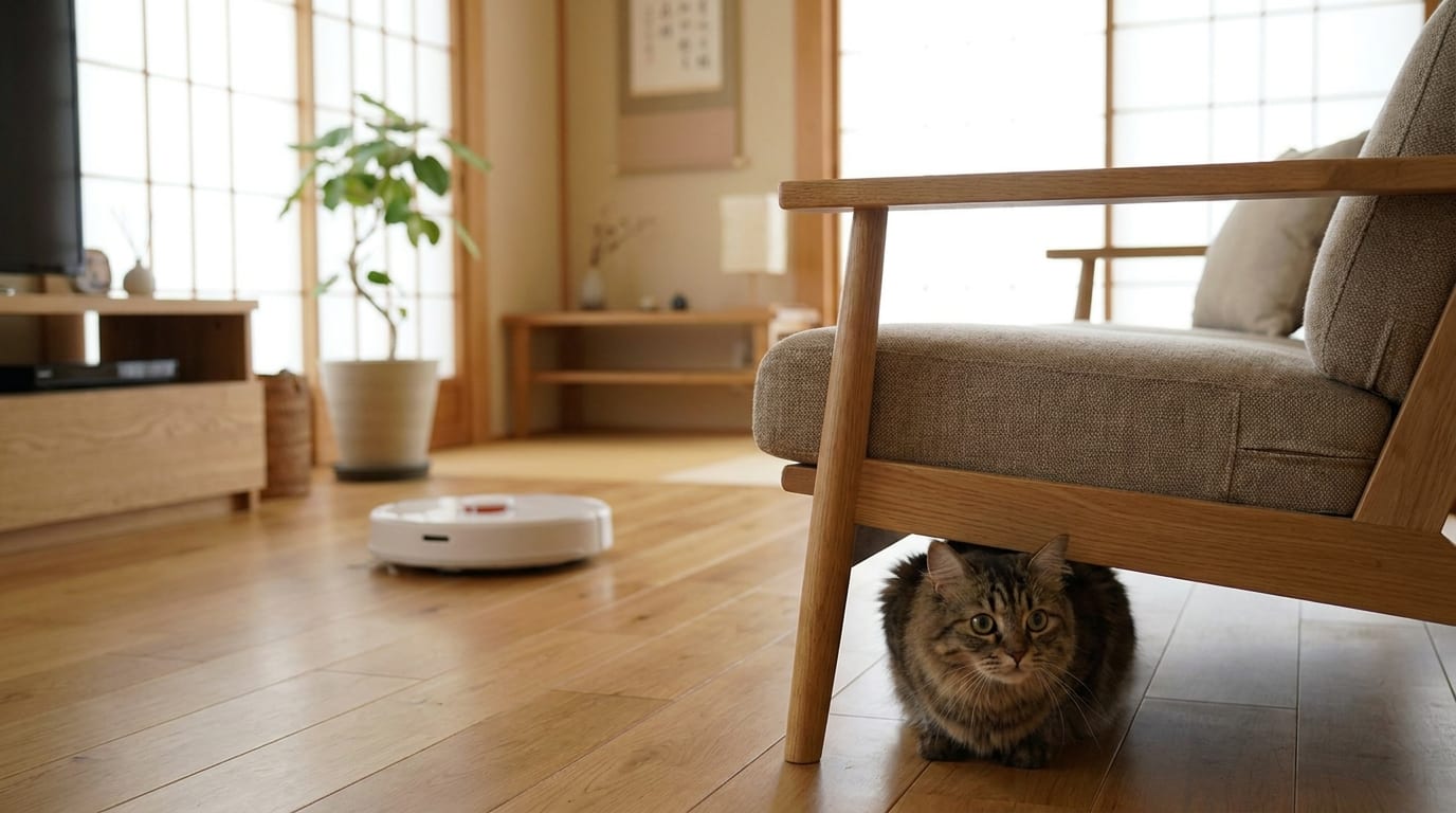 掃除機の音が苦手な猫がソファの下に隠れている、リビングの風景。ロボット掃除機が動いている。