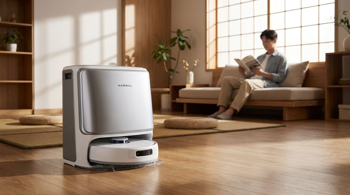 掃除機の音が苦手な人がリラックスして本を読んでいる部屋の中に、モダンな掃除機が置かれています。