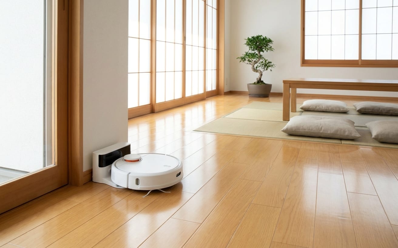 部屋の隅に置かれたロボット掃除機。ロボット掃除機の吸引力が弱く、掃除が不十分かもしれない。