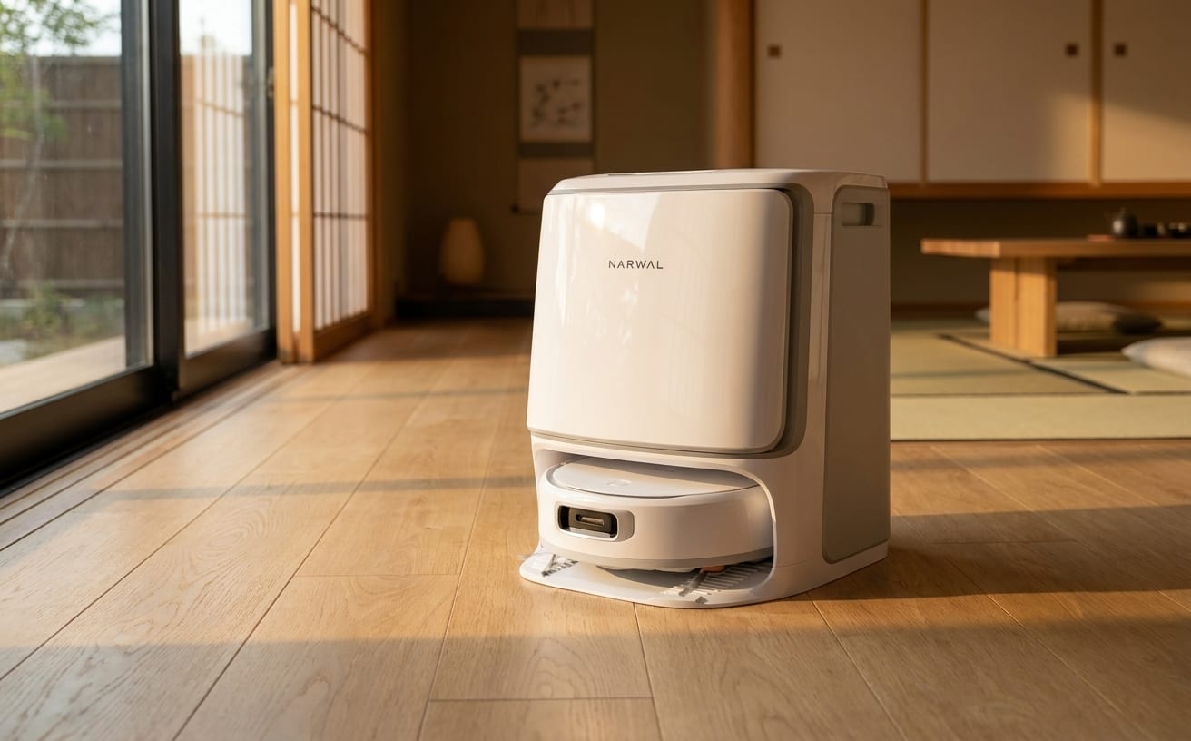 ロボット掃除機の吸引力が弱く、きれいな部屋の中で静かに置かれています。シンプルなデザインが特徴です。
