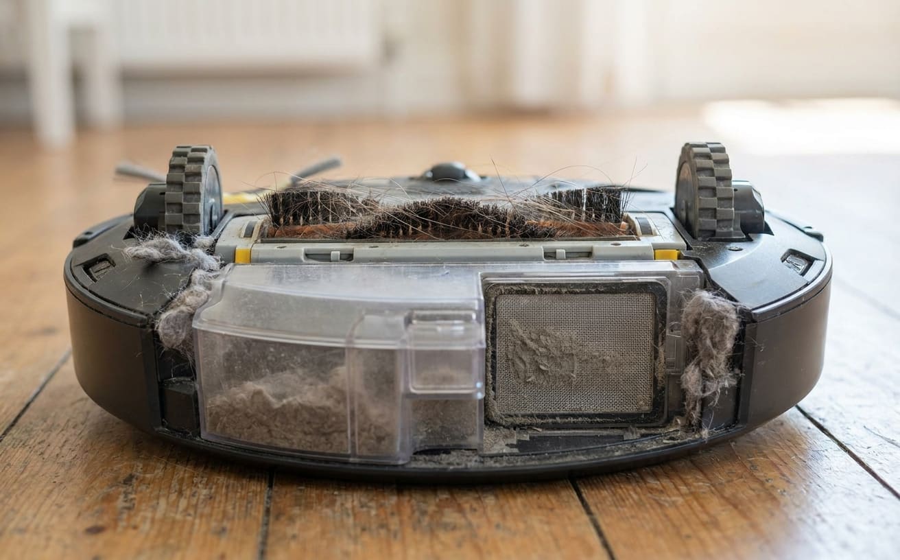 ロボット掃除機の吸引力が弱く、内部にほこりや髪の毛がたくさん詰まっている様子が映っています。
