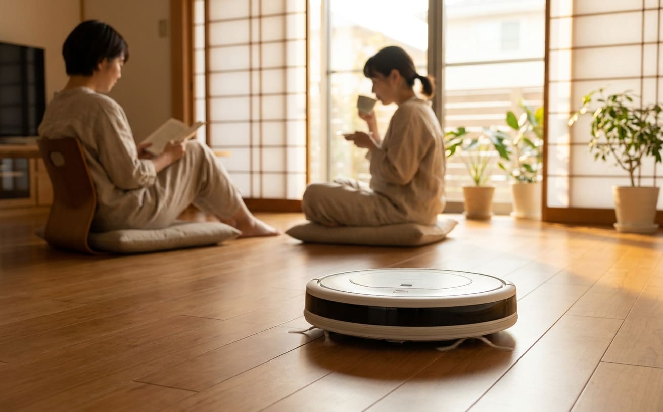 モダンなリビングで、ロボット掃除機のブラシケアをしながらくつろぐ二人の女性。
