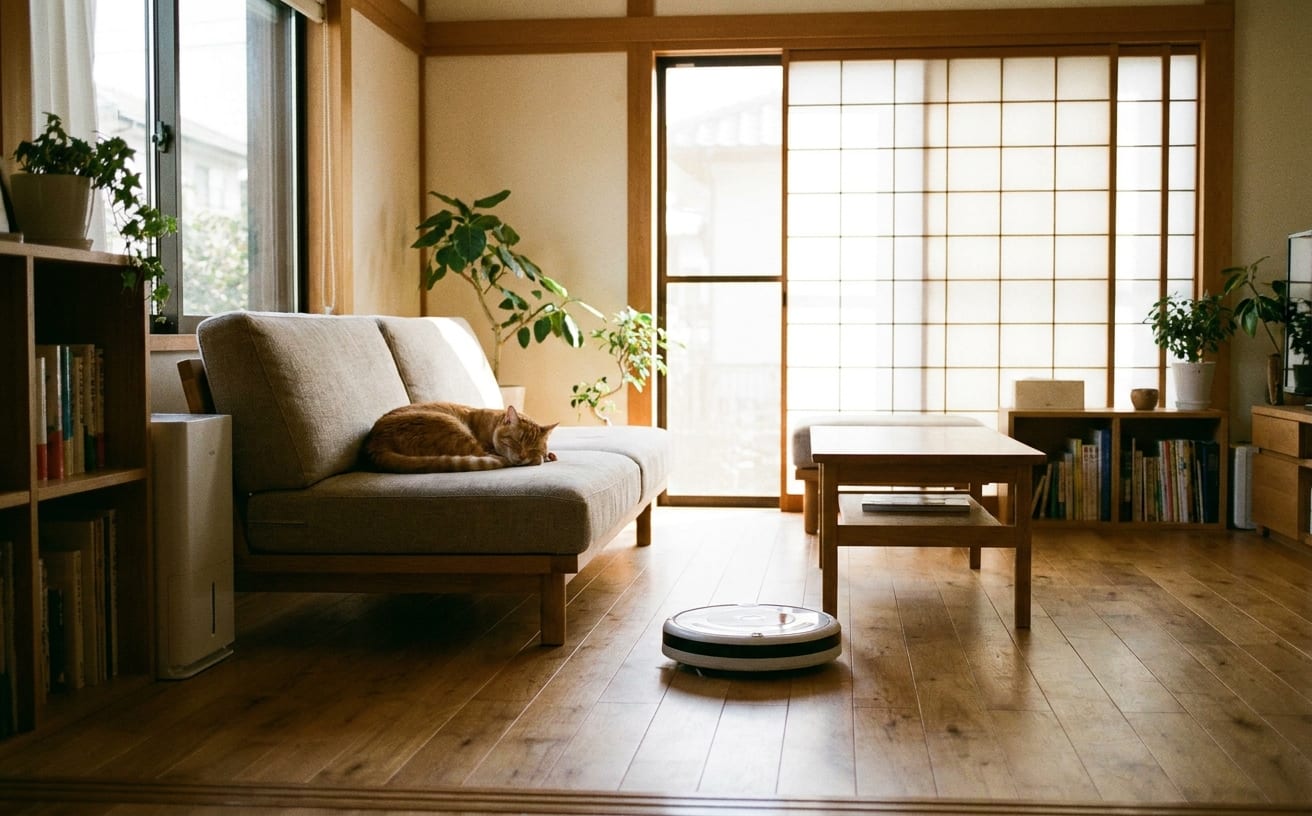 居心地の良いリビングに寝ている猫と、髪の毛が絡まない掃除機が静かに掃除をしている様子。