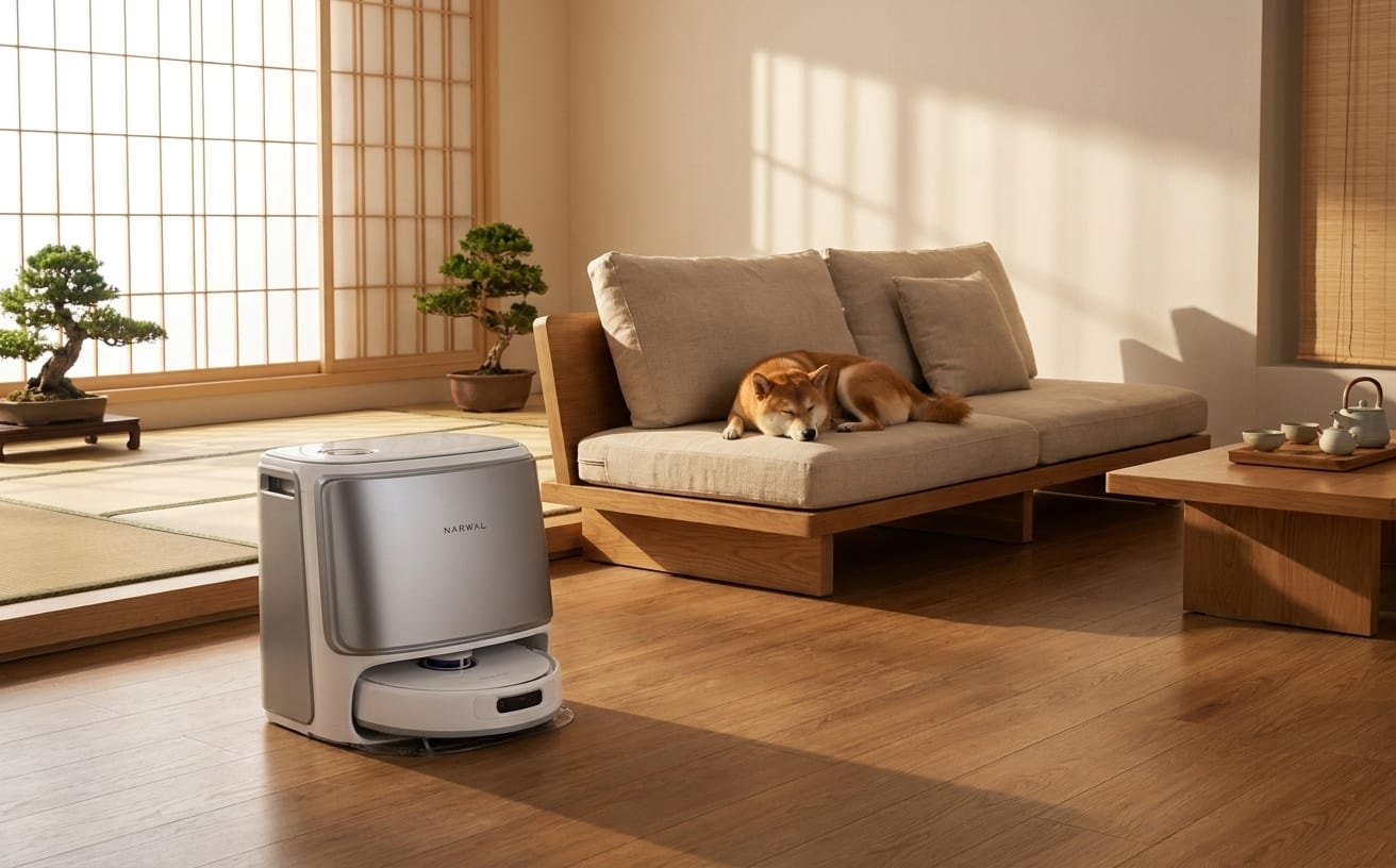 犬の抜け毛対策として、ロボット掃除機が活躍する和風のリビング。犬もリラックスしている。