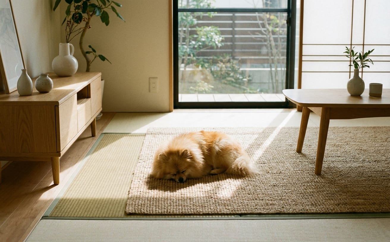 居心地の良いリビングで眠る犬。犬の抜け毛対策を考えると、掃除が必要です。