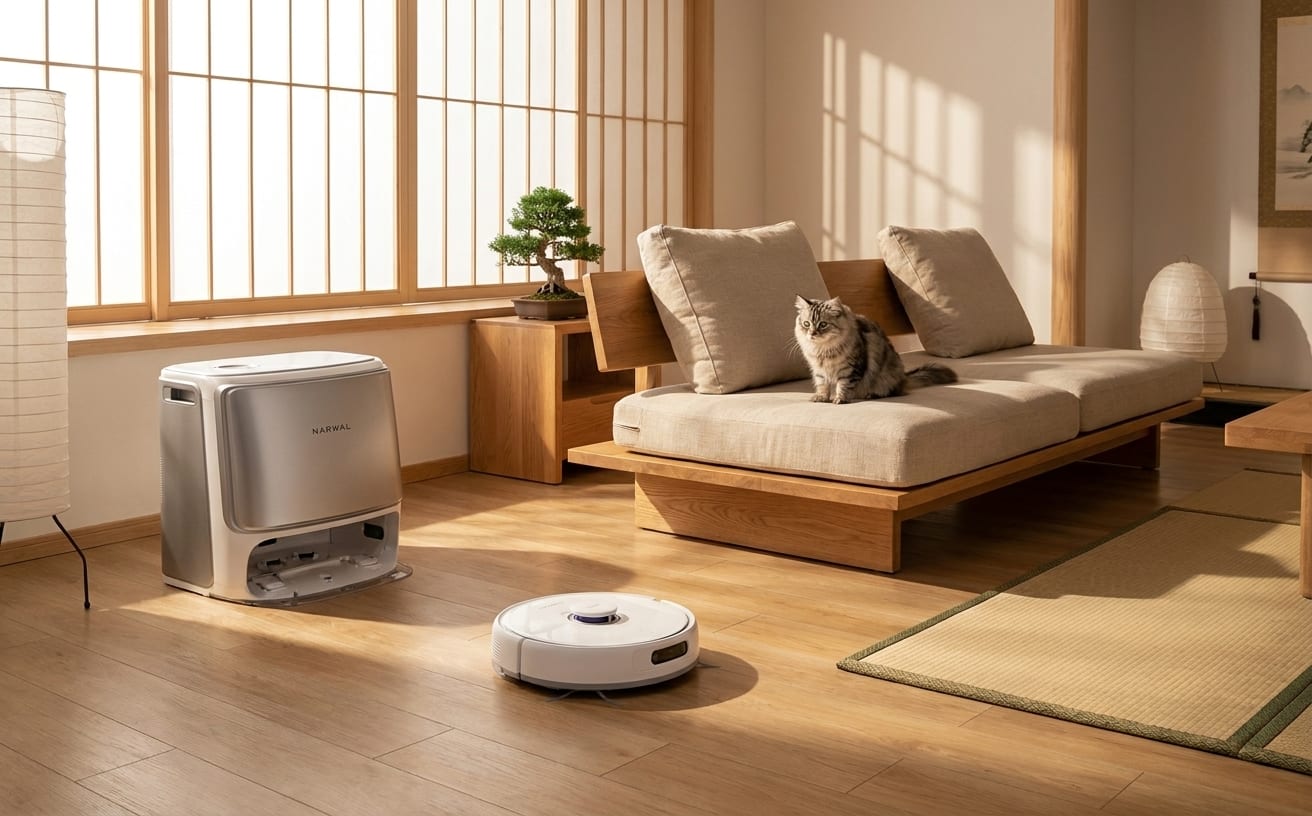 猫の毛を効果的に掃除できる、おすすめの掃除機がリビングに置かれています。猫も安心しています。