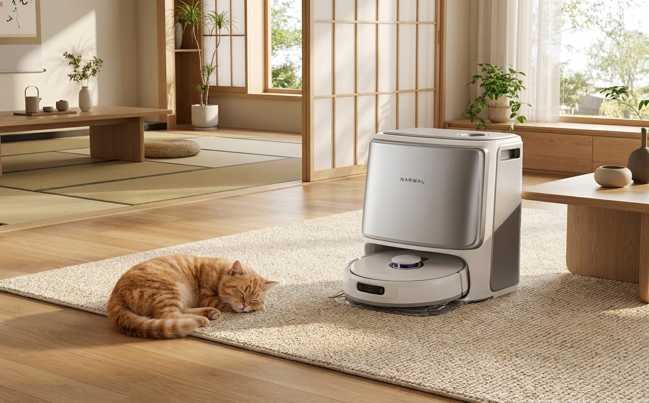 カーペットの上で寝ている猫と、自動掃除機がペットの毛を掃除する様子が描かれています。