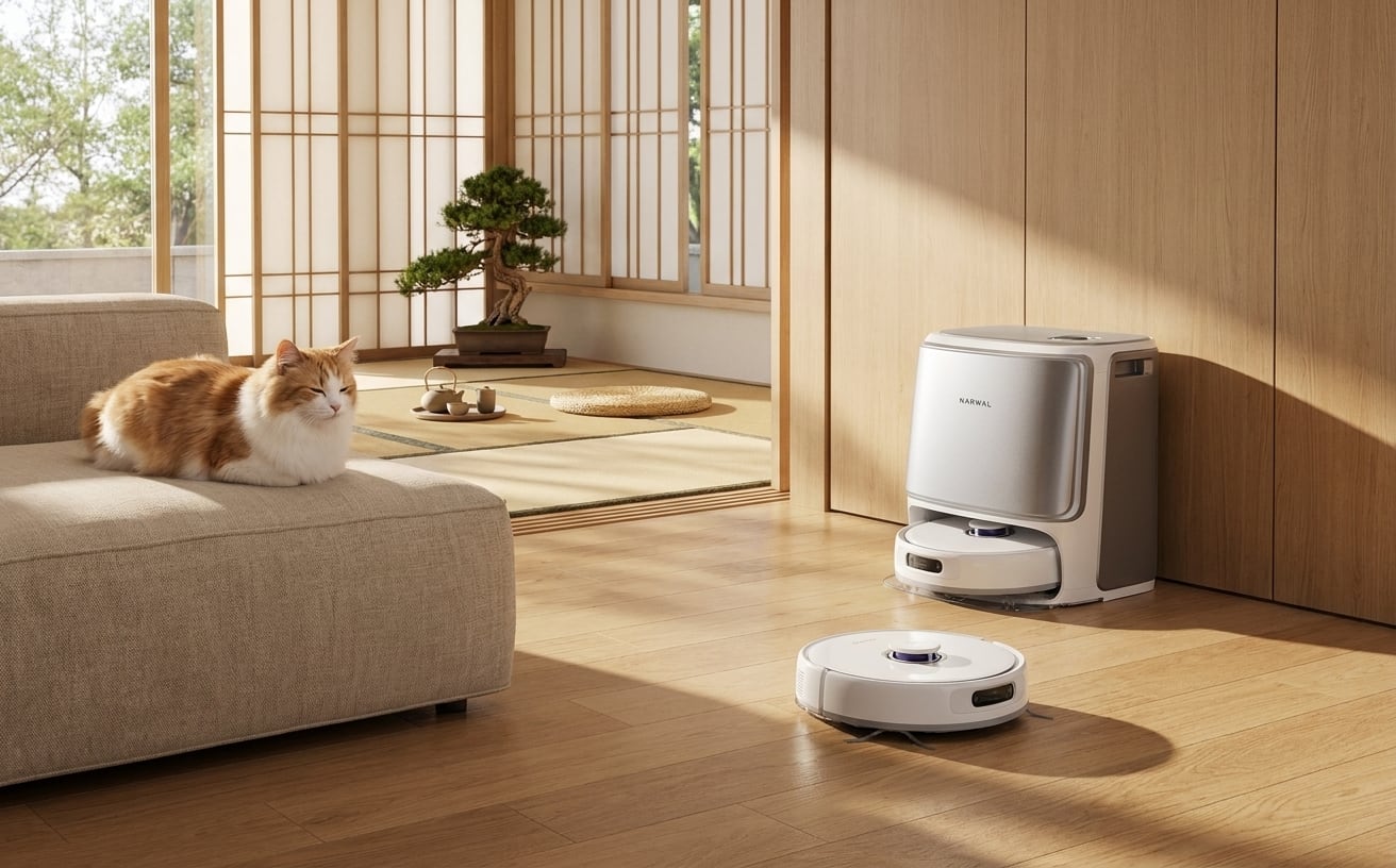 リビングにいる猫と掃除ロボットが、猫の毛を効率的に掃除する様子が映っています。