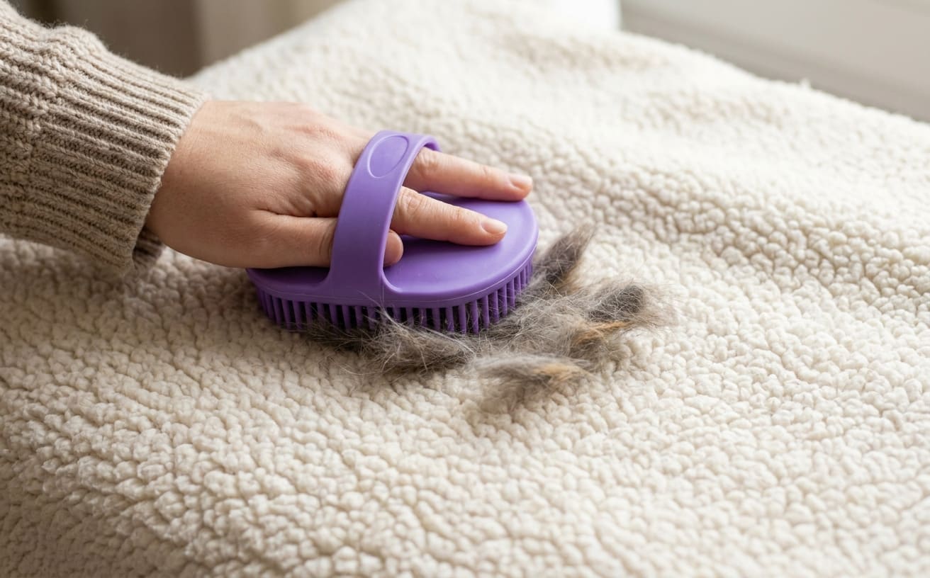 猫の毛を掃除するために、紫色のブラシでふわふわの布から毛を集めています。