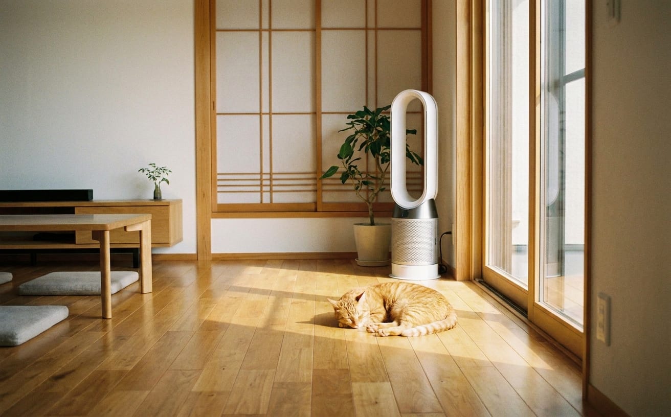 暖かな日差しの中で寝ているオレンジの猫。猫の毛の掃除が必要な季節が近づいています。
