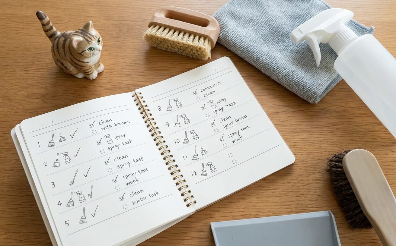 猫の毛掃除用のリストと掃除道具が並ぶテーブルの上の様子。可愛い猫の置物も見える。