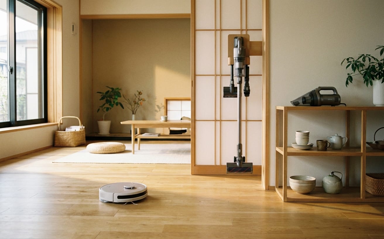 モダンな家の中、掃除機がペットの毛をしっかりと掃除しています。明るい光が差し込む穏やかな空間。