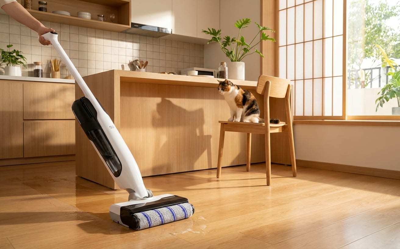 掃除機がペットの毛をきれいに吸い取る様子が描かれており、猫が椅子に座っています。