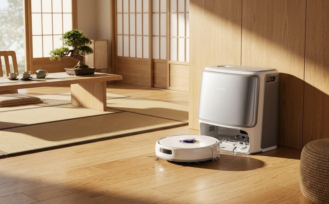 フローリングの部屋で、髪の毛を掃除するロボット掃除機が働いているシーンが描かれています。