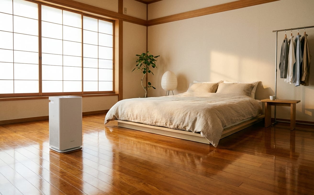 フローリングの部屋で、髪の毛の掃除がしやすい環境が整っています。シンプルで明るいインテリア。