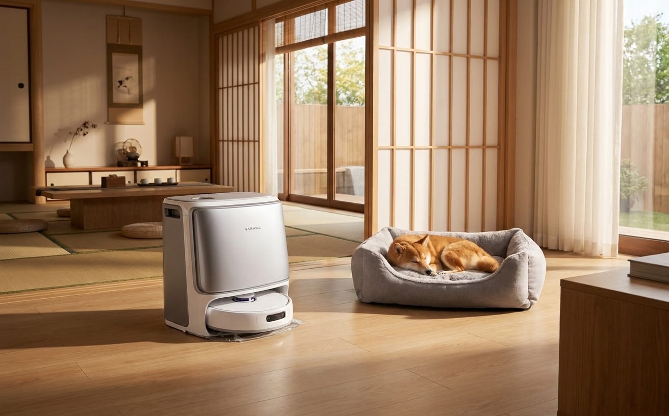 ペットのフンを避けるロボット掃除機が置かれた和室で、犬がリラックスして寝ています。
