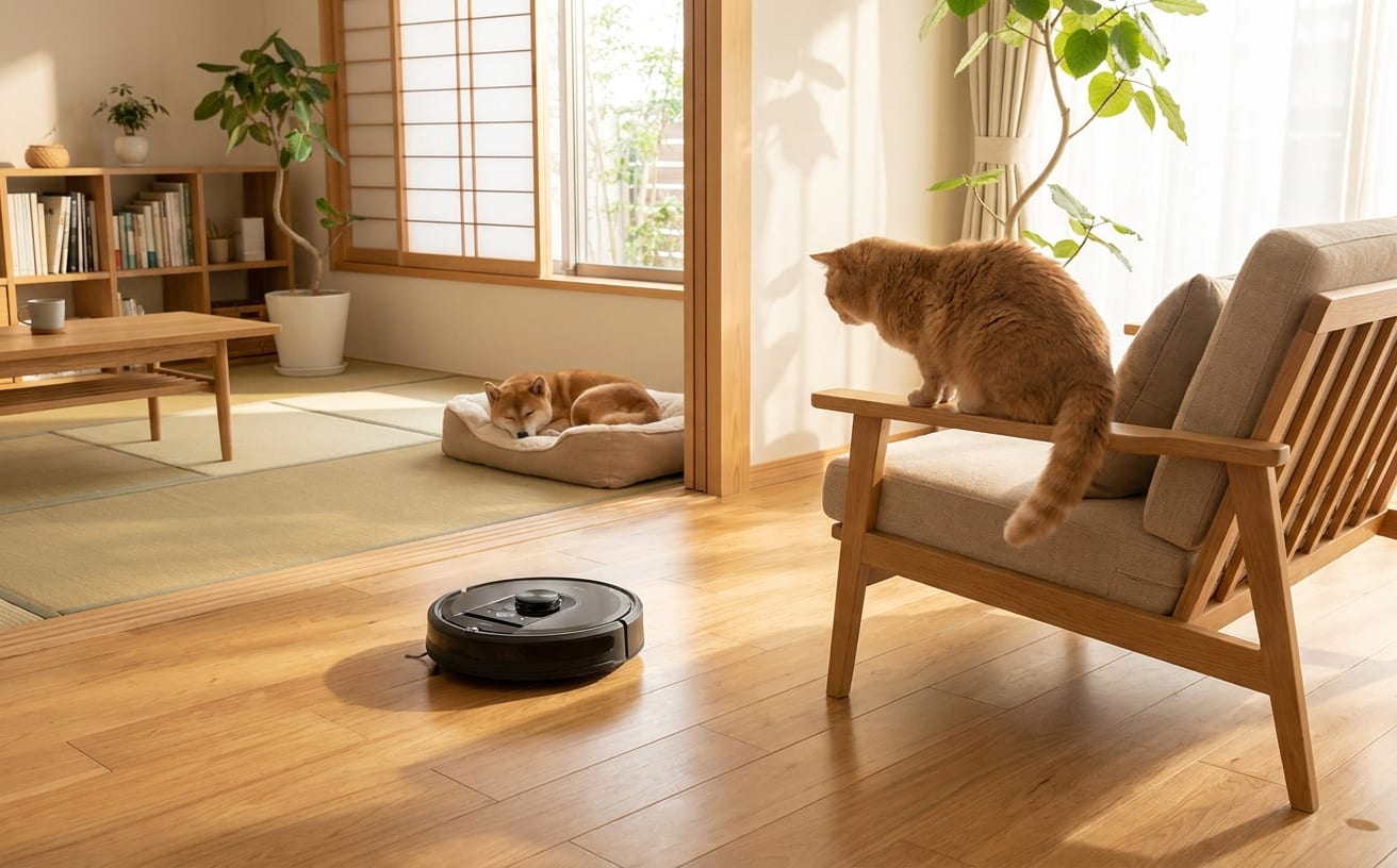和室でくつろぐ犬と猫の近くを、ペットのフンを避けるロボット掃除機が静かに移動している。