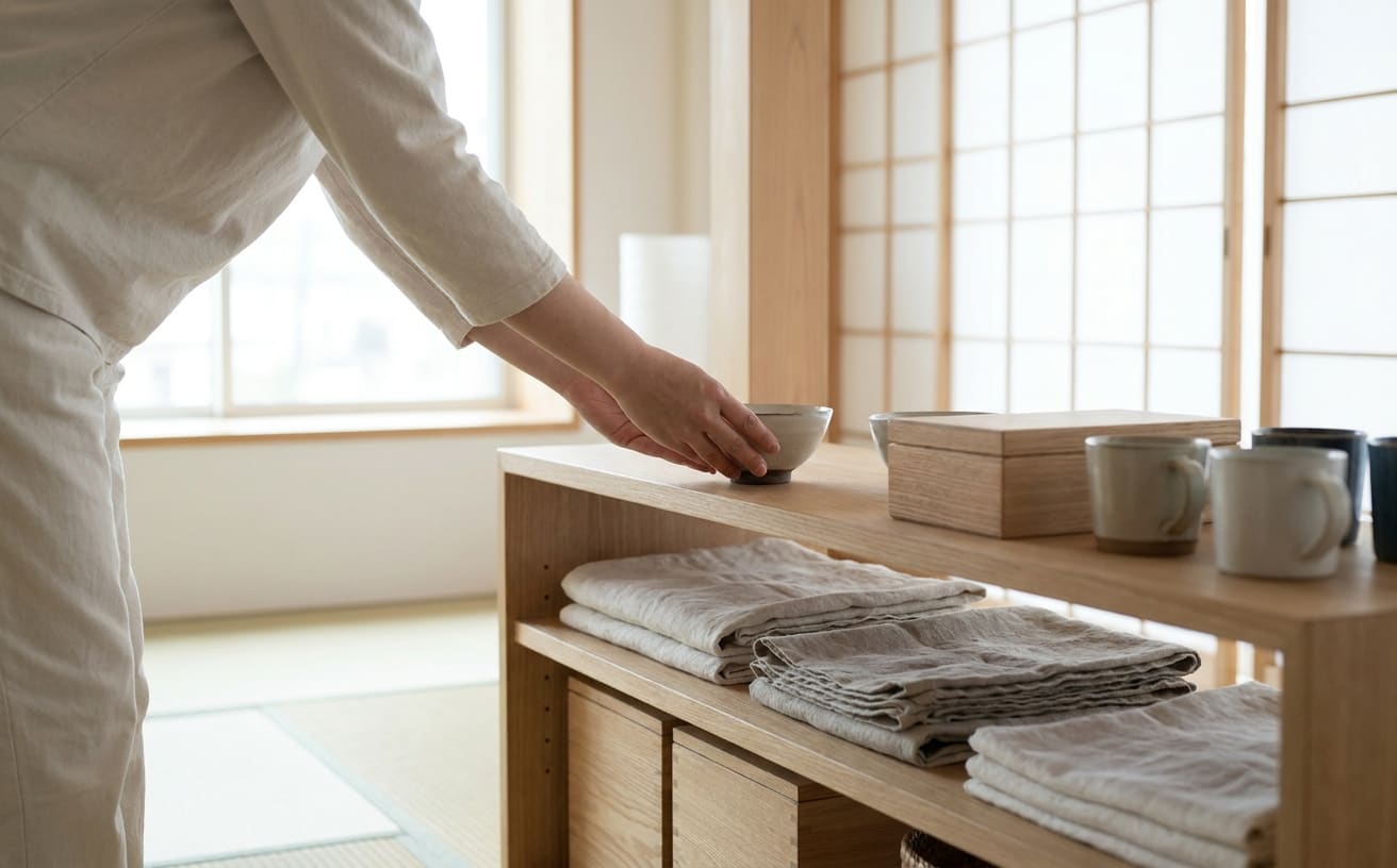 整理された棚の上で、家が汚いことへのストレスを軽減するために物を片付けています。