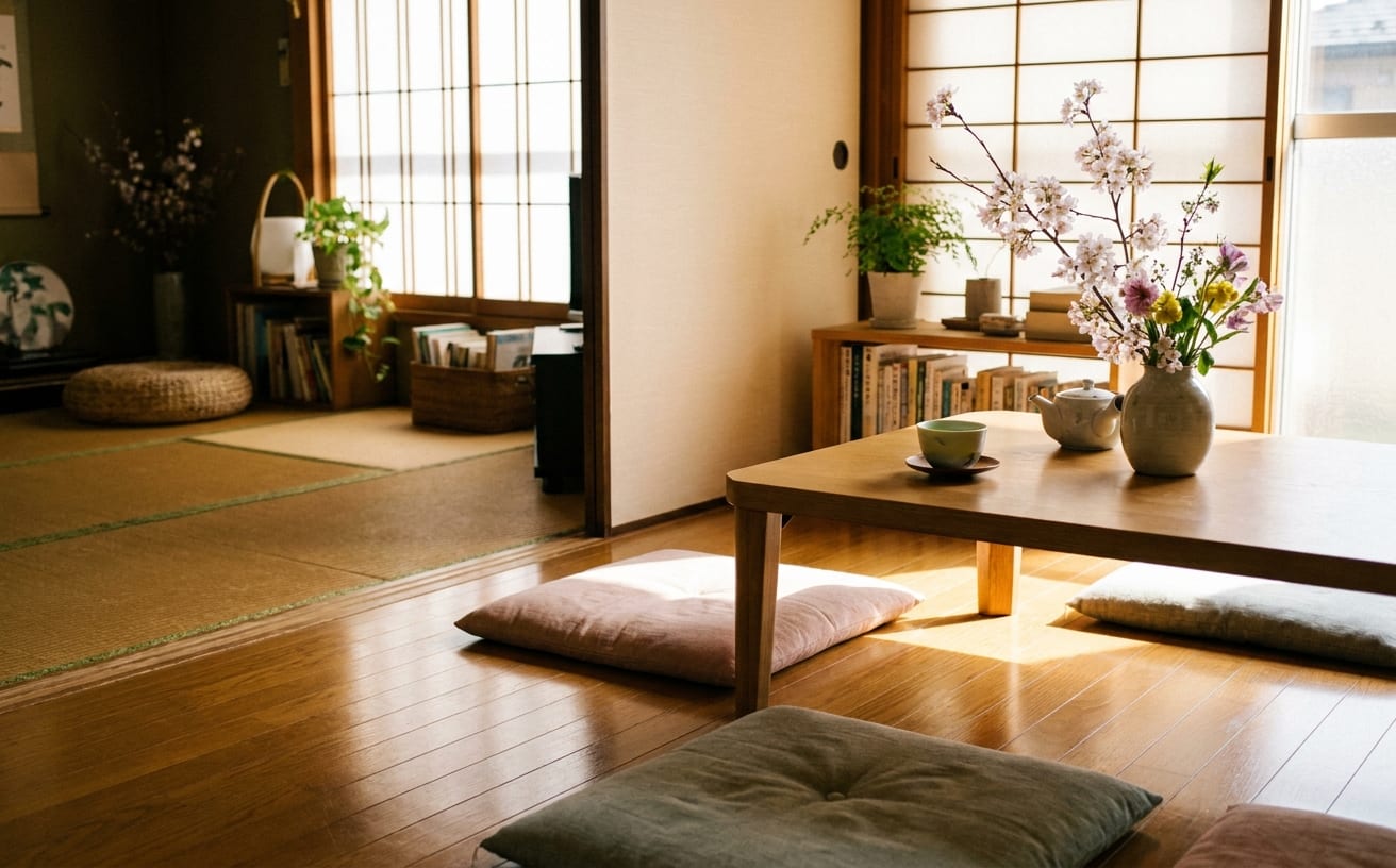 春の日差しが差し込む和室、テーブルには花が生けられ、むくみを癒すリラックスタイムにぴったりな空間。