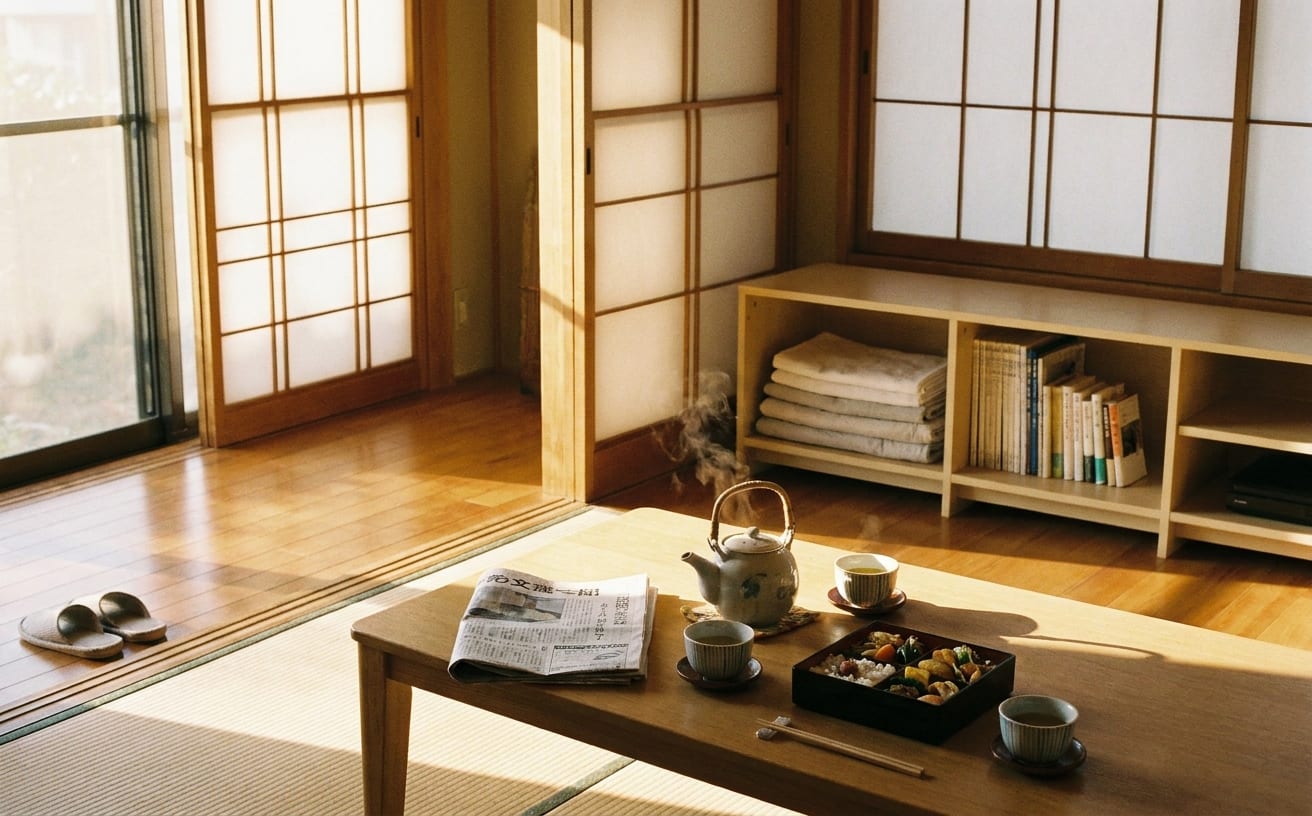 明るい和室で、お茶や寿司が並んでいます。掃除でストレス解消した後、くつろぐのに最適な空間です。