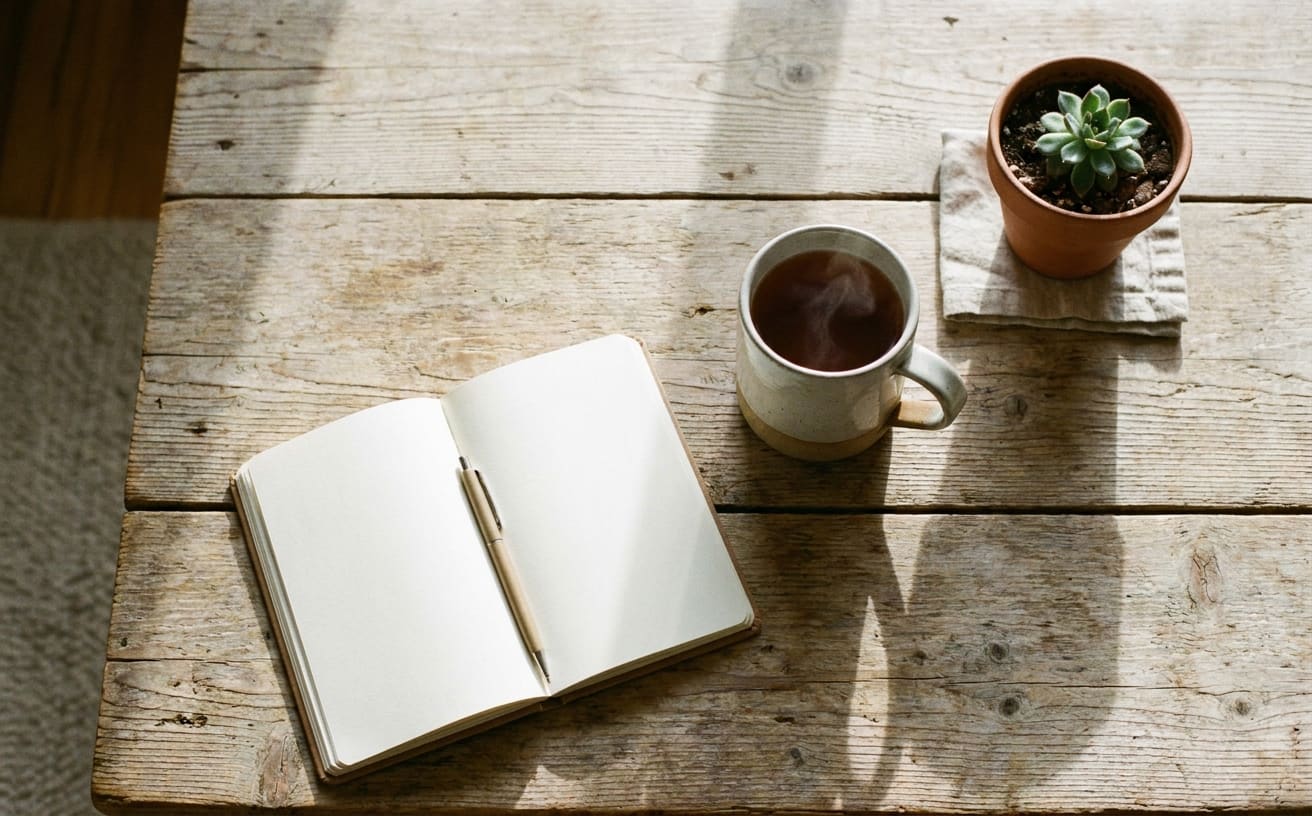 温かいお茶とノート、観葉植物があるテーブル。掃除でストレス解消しながらリラックスする空間。