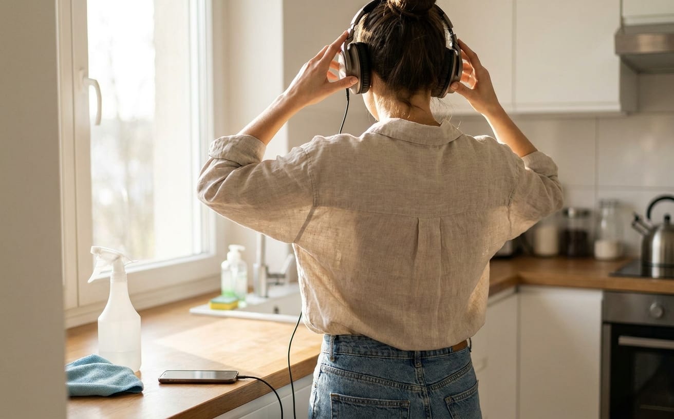 掃除でストレス解消のために、音楽を聴きながらリラックスしている女性の後ろ姿が映っています。