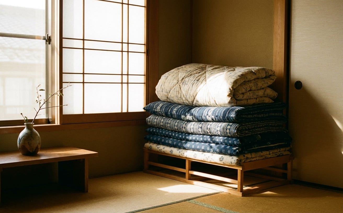 和室に積まれた布団。ダニが家に発生しないよう、定期的に掃除や日干しが重要です。