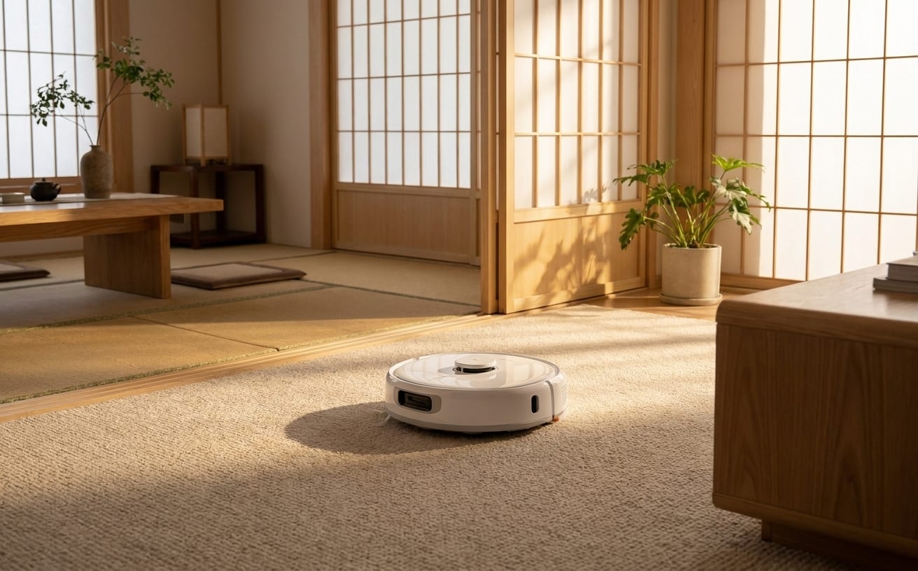ダニが家に発生しないように、ロボット掃除機が畳の上を清掃しています。快適な住環境のために。