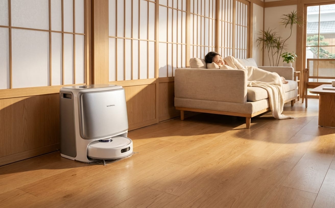 家事を手放しにしてリラックスする女性と、掃除ロボットが映る心地よい空間。やる気が出ない時にも便利。