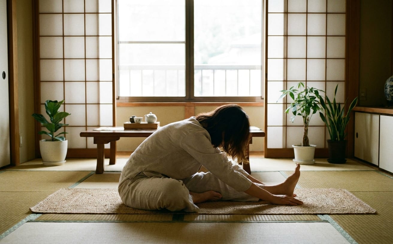静かな和室で、家事のやる気が出ない日々のリラックスした姿勢でストレッチをしている女性。
