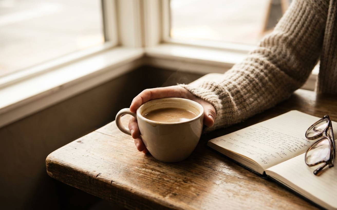 温かいコーヒーを手に持ち、家事を始めるためのやる気が出ない状態を感じている。