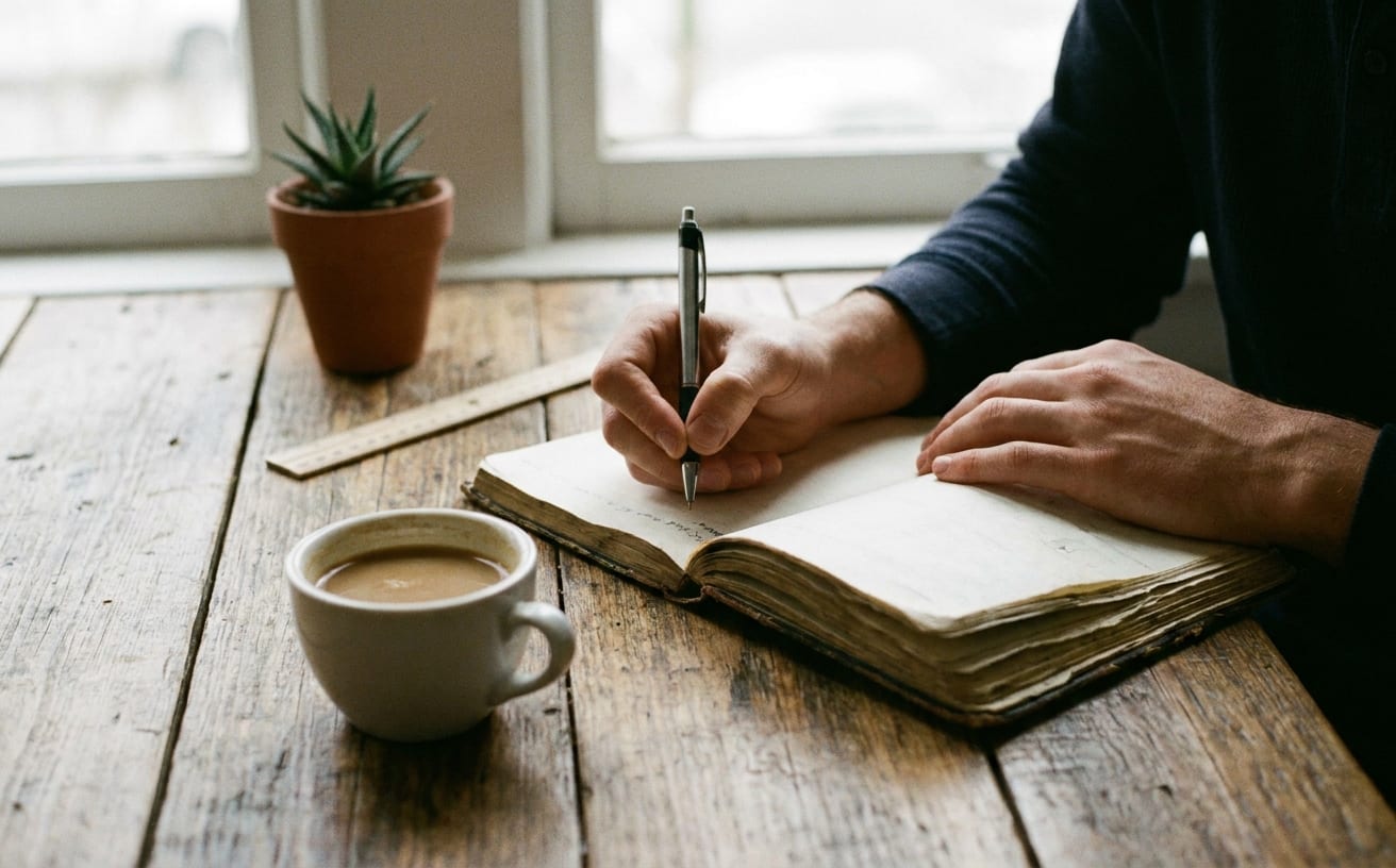 机の上にコーヒーと植物が置かれ、誰かが日記に見えない家事について書いている様子。